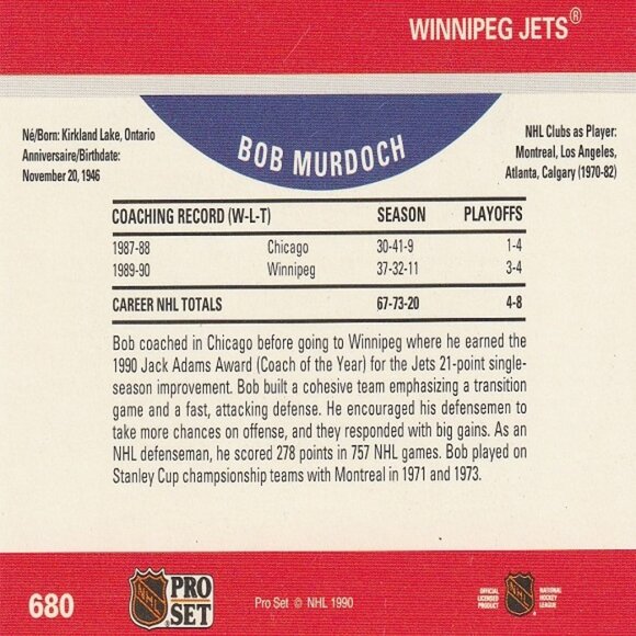 Bob Murdoch - Winnipeg Jets Coach - 1990 Pro Set Hockey Card - Picture 2 of 2